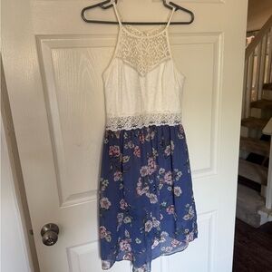 Floral Lace Kids Dress - White and Blue